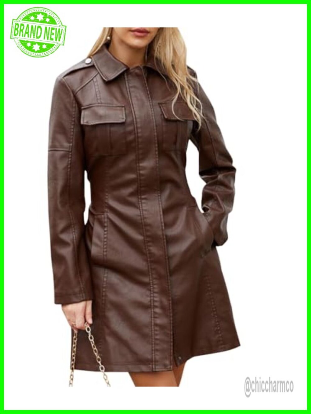 Faux PU Leather Trench Coat Belted Zip Up Long Sleeve Overcoat